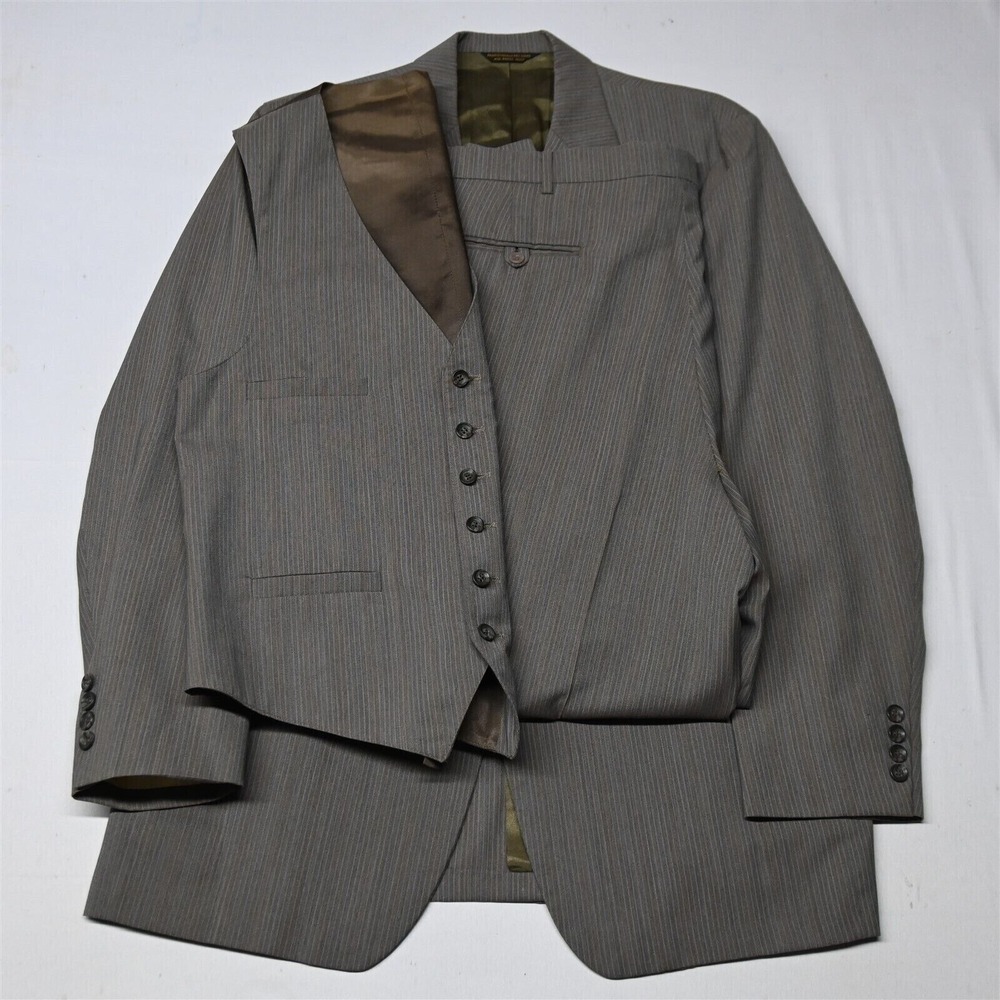 Vtg Palm Beach 44R 38x30 Brown Stripe 3‎ Piece Mens Vest Jacket Pants Suit